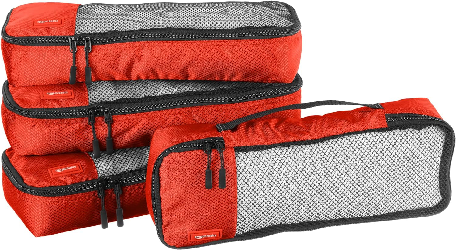 4 Piece Packing Travel Organizer Zipper Cubes Set, Slim, Red